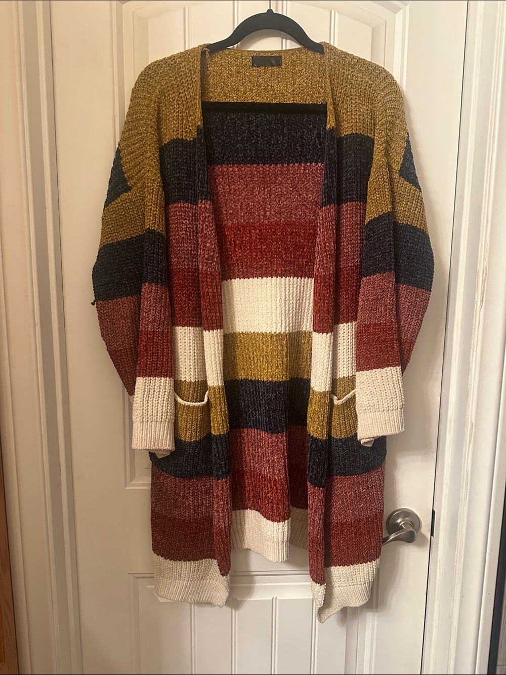 Striped Open-Front Cozy Cardigan Sweater - Mustard, Red, Navy, Cream
